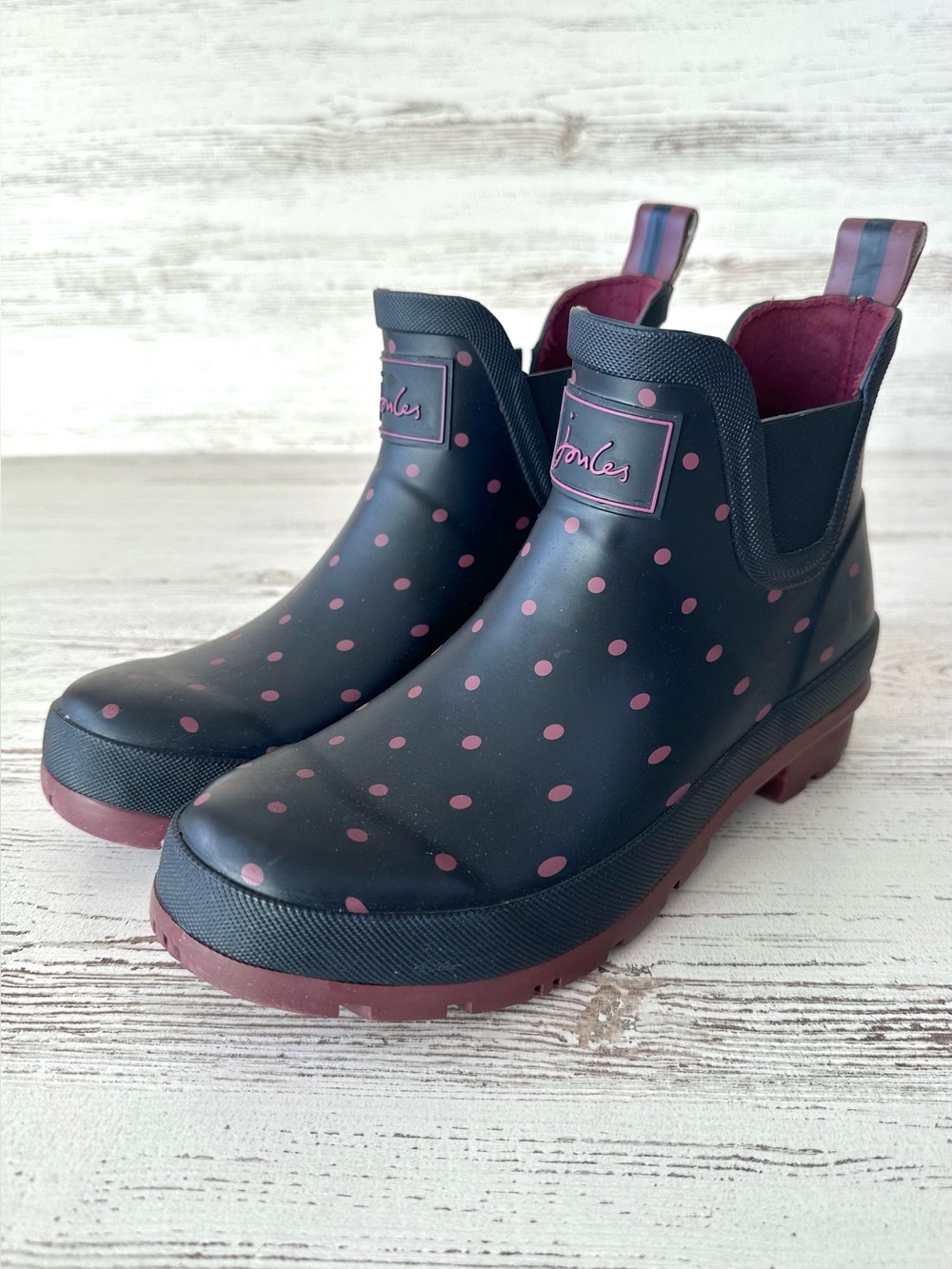 JOULES Wellibob Polka Dot Rain Boots Waterproof 7 Navy Pink